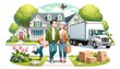 © Cad3D.Expert - Couple in front of new suburban home, holding hands, child chasing butterfly, moving truck background.