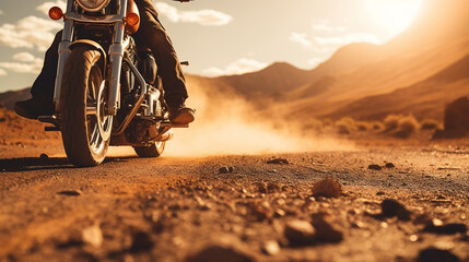 Custom motorbike biker rider on blurred desert road