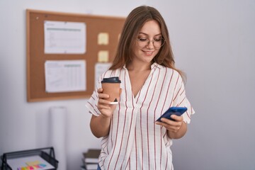 Sticker - Young blonde woman business worker using smartphone drinking coffee at office