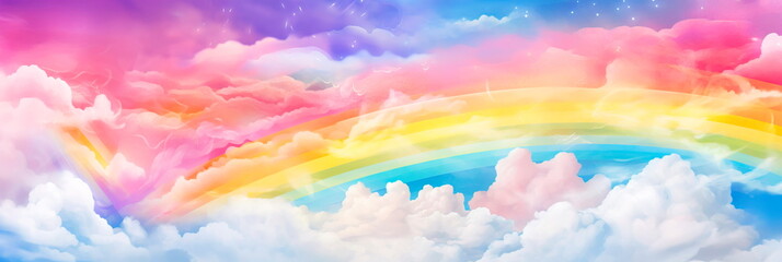 Wall Mural - playful watercolor background featuring a vivid rainbow stretching across the sky, leading to a world of color and enchantment.