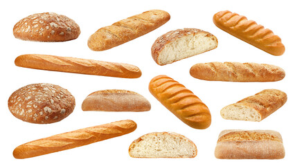 Wall Mural - Bread assortment, different types of bread, isolated on white background, full depth of field