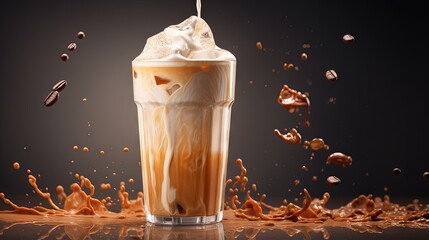 Leinwandbilder - Ice coffee latte with cream being poured into it showing the texture and refreshing look of the drink, with a clean background.