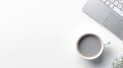 Poster - Flat lay minimal home office workspace. Silver keyboard notepads and cup of tea. Top view