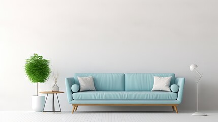 Poster - mock up empty wall in interior background with blue sofa, Scandinavian style. 3d rendering