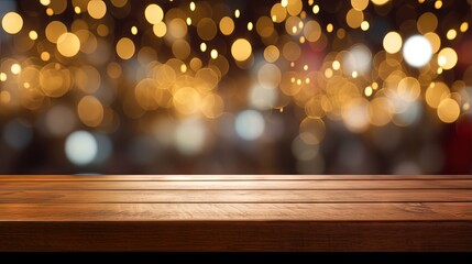 Poster - Empty wooden table top with lights bokeh on blur restaurant background.