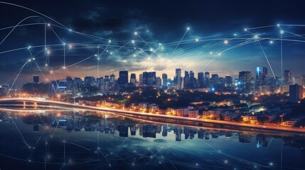 Line of cityscape and communication network illustration concept. Telecommunication. IoT (Internet of Things). ICT (Information communication Technology). 5G. Smart city. Digital transformation.