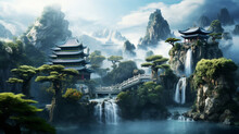 Copy Space, Stockphoto, Japanese Art Style, Chinese Landschape With Temples And Waterfalls. Beautiful Typical Chinese Landscape With Traditional Temples. Beautiful Nature Landscape. Design For Restaur