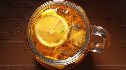 Poster - Iced lemon tea in a mason jar.Top view.