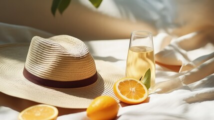 Aufkleber - Vintage inspired background with straw hat, female sunglasses, bottle of water and fruits on white towel. Minimalist summer vacation creative still life for fashion blog, web, social media, stories.