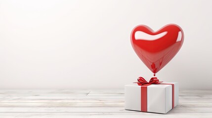 Poster - Valentine's day, Mother's day, birthday design concept - Heart helium balloon with gift box on a light wood floor, white wall background, close up.