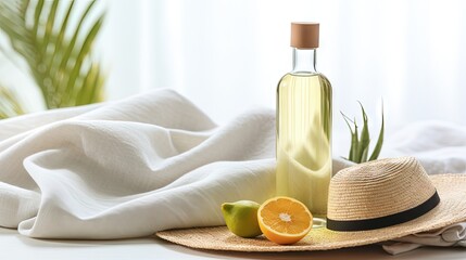 Aufkleber - Vintage inspired background with straw hat, female sunglasses, bottle of water and fruits on white towel. Minimalist summer vacation creative still life for fashion blog, web, social media, stories.