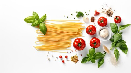 Aufkleber - Spaghetti with ingredients for cooking pasta on a white background, top view