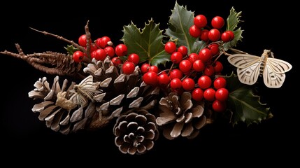 Fototapete - Christmas decoration of holly berry and pine cone