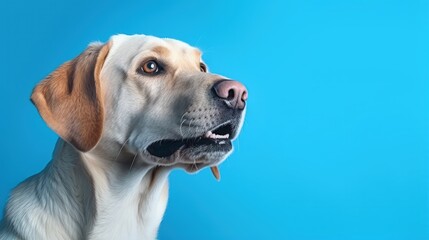 Poster - Close-up portrait of beautiful golden Labrador, purebred dog posing isolated on bright blue studio background in neon. Concept of animal, pets, vet, friendship. Copy space for ad, design