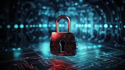 Aufkleber - Cyber security concept. Padlock icon on digital technology background. Illustrates cyber data security or information privacy idea in mother server is processing the data. 3d rendering