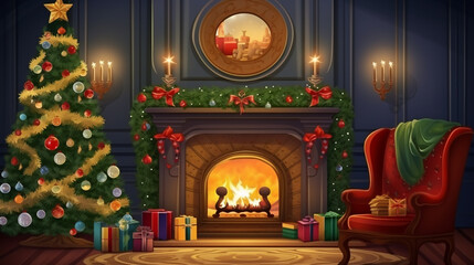 Wall Mural - Cozy Christmas evening in the living room with a fireplace and a Christmas tree. Generative Ai