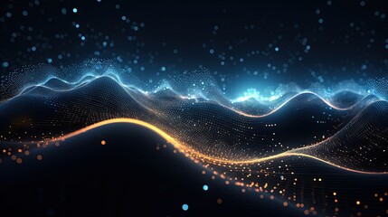 Fototapete - Abstract wave with moving dots. Flow of particles. Cyber technology illustration. 3d rendering