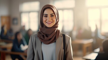 Portrait of a young female teacher in a classroom