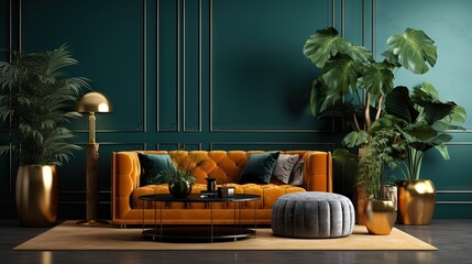 Aufkleber - Luxury interior with stylish velvet sofa, wooden commode, pouf, plants, carpet, gold decoration, copy space and elegant personal accessories. Modern living room in classic house. Template.