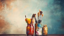 Vintage Artists Brushes And Paint Tubes On An Abstract Artistic Background