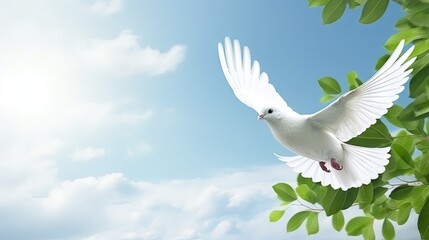 Poster - A free white dove holding green leaf branch flying in the sky. International Day of Peace concept background