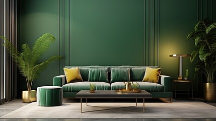 Aufkleber - Luxury living room in house with modern interior design, green velvet sofa, coffee table, pouf, gold decoration, plant, lamp, carpet, mock up poster frame and elegant accessories. Template.