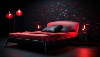 Canvas Print - A red and black bedroom with a bed and a lamp, AI