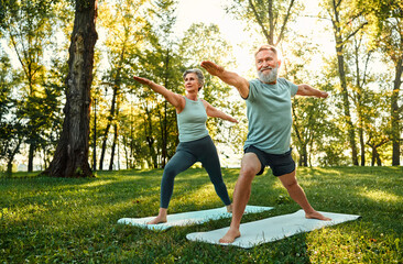Wall Mural - Active retirement life. Determined family couple standing on rubber mats in national park and performing warrior asana pose. Aged man and woman showing strength and flexibility when practicing yoga.