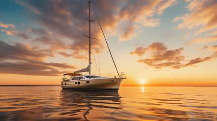 Wall Mural - A luxurious yacht sailing against a golden sunset, reflections on calm waters, light glinting off champagne glasses on deck, ethereal atmosphere