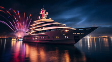 A Vibrant Evening Party On A Super Yacht, Colorful Lights, People Dancing, Fireworks In The Sky