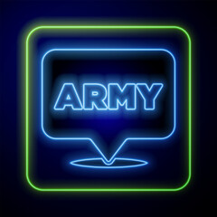 Sticker - Glowing neon Military army icon isolated on blue background. Vector