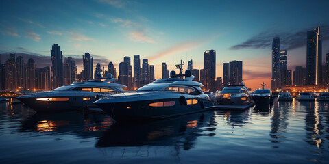 Wall Mural - Multiple yachts docked at a high - end marina, sky transitioning from sunset to twilight, city skyline in the background