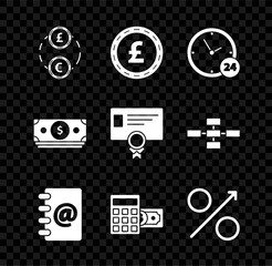 Sticker - Set Money exchange, Coin money with pound sterling symbol, Clock 24 hours, Address book, Calculator dollar, Percent up arrow, Stacks paper cash and Certificate template icon. Vector