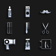 Sticker - Set Hairbrush, Cream or lotion cosmetic tube, Barbershop with razor, Scissors hairdresser, dryer, Mustache and Glass bottle pipette icon. Vector