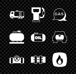 Canvas Print - Set Tanker truck, Petrol or gas station, Location and, Metallic pipes valve, Fire flame, Oil tank storage and icon. Vector