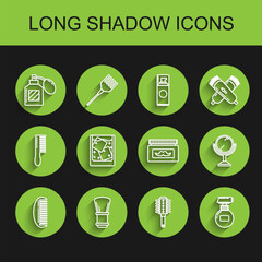 Sticker - Set line Hairbrush, Shaving, Aftershave, Cream or lotion cosmetic tube, Glass of whiskey and ice cubes, Hand mirror and jar icon. Vector