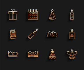 Sticker - Set line Crown, DJ remote for playing and mixing music, Gift box, Wine glasses stacked pyramid tower, Clown head, Champagne bottle, Whiskey and Music streaming service icon. Vector