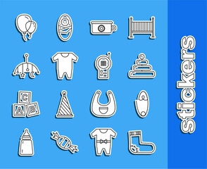 Poster - Set line Baby socks clothes, Classic steel safety pin, Pyramid toy, potty, crib hanging toys, Balloons with ribbon and Monitor Walkie Talkie icon. Vector