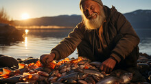 The Moment Of Triumph: A Fisherman Proudly Displays His Prized Catch, Glistening In The Sunlight By The Water's Edge