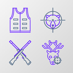 Sticker - Set line Hunt on deer with crosshairs, Two crossed shotguns, bear and Hunting jacket icon. Vector