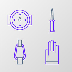 Sticker - Set line Gloves, Carabiner, Army knife and Wind rose icon. Vector