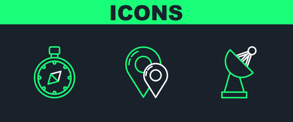 Sticker - Set line Radar, Compass and Map pin icon. Vector