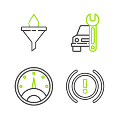 Poster - Set line Brake system warning, Speedometer, Car service and Funnel or filter and motor oil drop icon. Vector