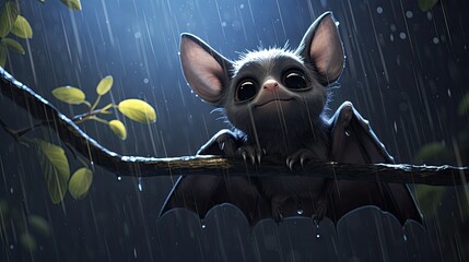 Sticker -  a bat sitting on a branch in the rain with leaves.  generative ai