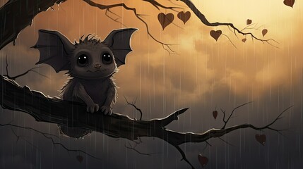 Wall Mural -  a bat sitting on a tree branch with hearts hanging from it.  generative ai