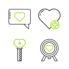 Sticker - Set line Heart in the center of darts target aim, Key heart shape, and Like and icon. Vector