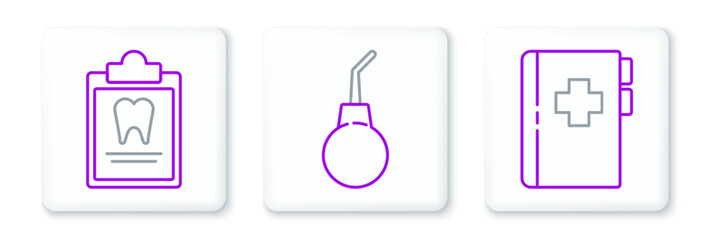 Poster - Set line Clipboard with dental card, and Enema pear icon. Vector