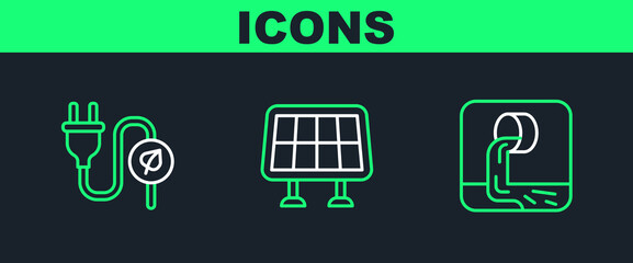 Canvas Print - Set line Wastewater, Electric saving plug in leaf and Solar energy panel icon. Vector