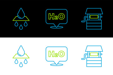 Sticker - Set line Well with bucket, Recycle clean aqua and Chemical formula for H2O icon. Vector