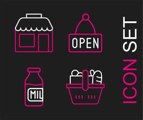 Sticker - Set line Shopping basket and food, Bottle with milk, Hanging sign Open and Market store icon. Vector